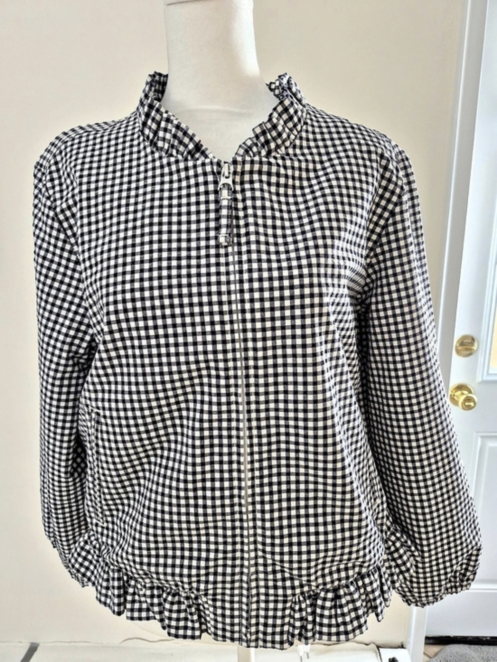 J.Crew NWT Gingham Check Ruffle-Trim Zip Jacket Black & White Medium